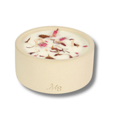 Bougie fleurie et pot en grès, parfum Dimanche Gourmand